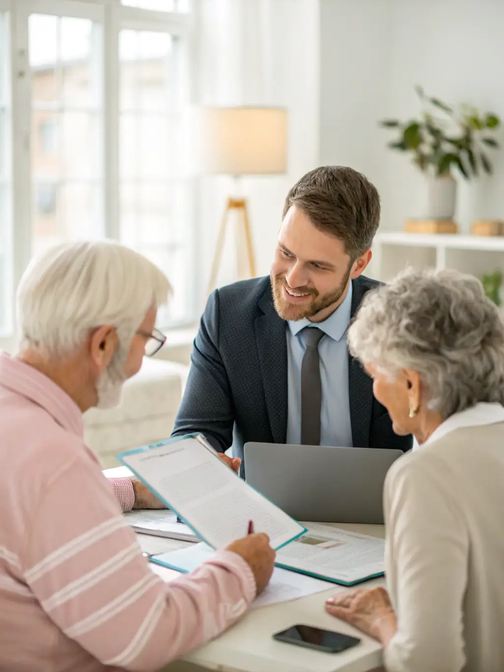 A senior couple happily reviewing their retirement portfolio with a financial advisor in a bright, modern office setting, emphasizing trust and personalized service.